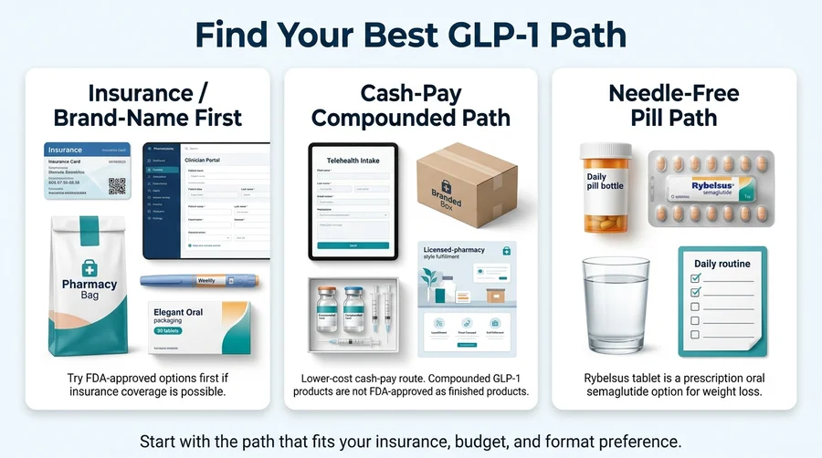 Find your best GLP-1 path: insurance/brand-name first, cash-pay compounded path, or needle-free pill path — three routes to starting GLP-1 treatment for men