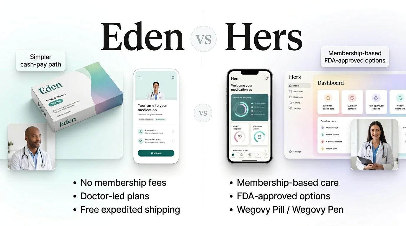 Eden vs Hers comparison: Eden features no membership fees, same price at every dose, doctor-led plans, and free expedited shipping. Hers features membership-based care, FDA-approved options, and Wegovy Pill and Wegovy Pen.