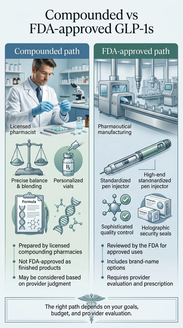 Compounded vs FDA-approved GLP-1s: Compounded path — licensed pharmacist, precise balance and blending, personalized vials, prepared by licensed compounding pharmacies, not FDA-approved as finished products, may be considered based on provider judgment. FDA-approved path — pharmaceutical manufacturing, standardized pen injector, sophisticated quality control, holographic security seals, reviewed by FDA for approved uses, includes brand-name options, requires provider evaluation and prescription.