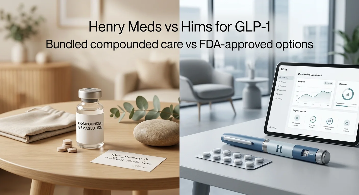 Henry Meds vs Hims for GLP-1 — split scene showing Henry Meds compounded semaglutide vial with oral tablets on a warm-toned table on the left, and the Hims app membership dashboard with a Wegovy auto-injector pen and pill blister pack on the right. Subtitle: Bundled compounded care vs FDA-approved options.