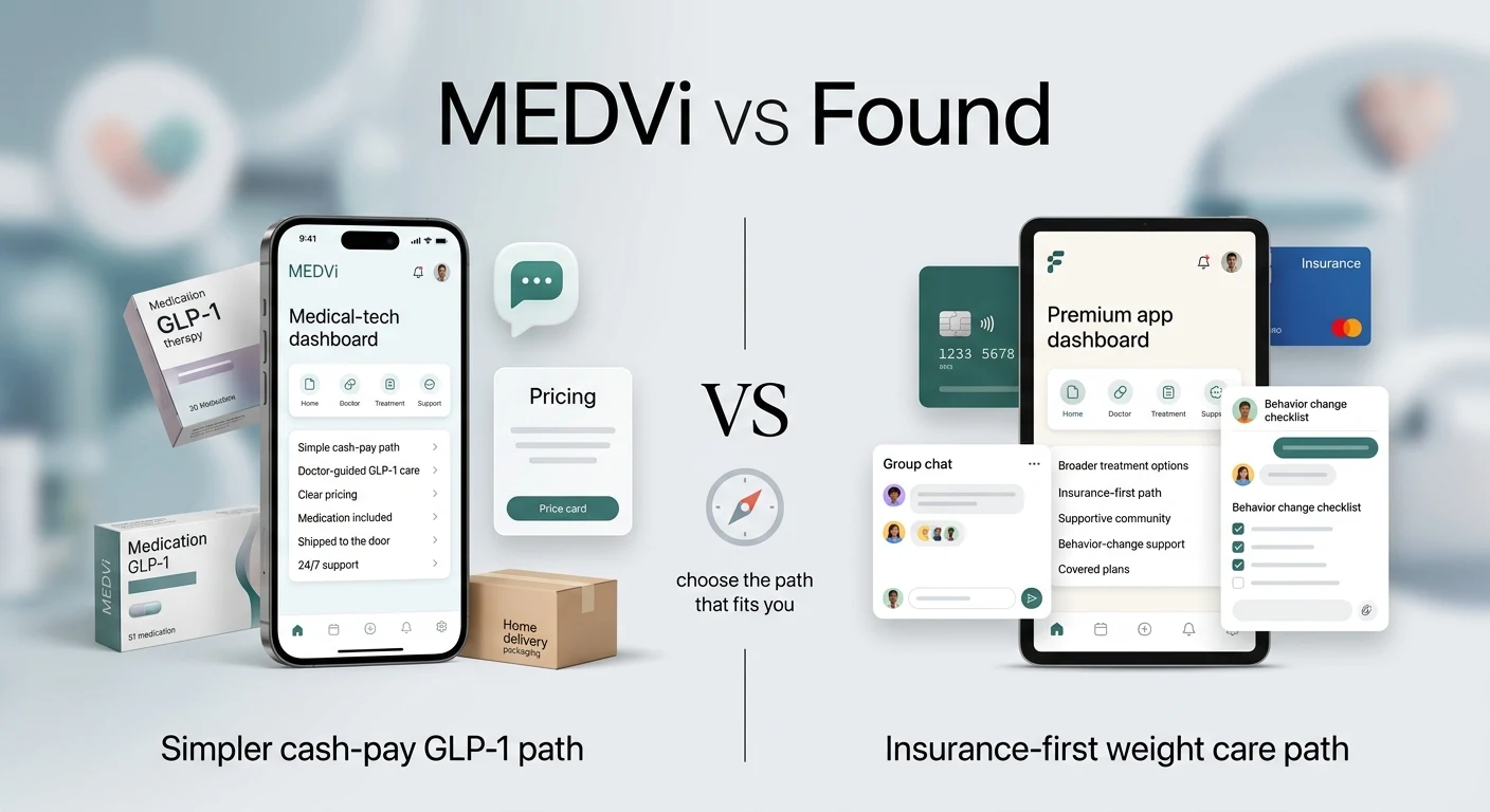 MEDVi vs Found comparison: MEDVi showing medical-tech dashboard with simple cash-pay GLP-1 path, medication included, home delivery — Found showing premium app with insurance card, group chat, broader treatment options and behavior change checklist. Choose the path that fits you.