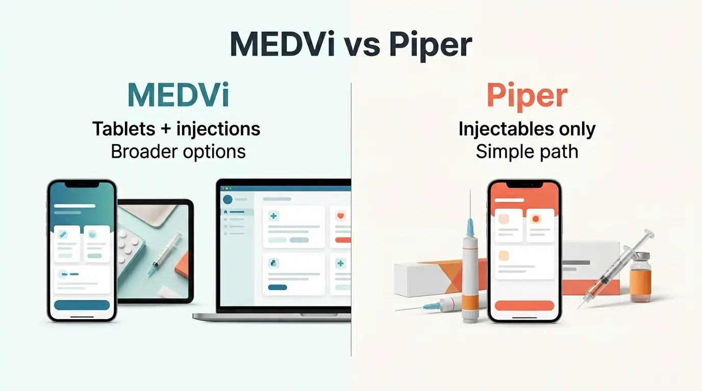 MEDVi vs Piper side-by-side overview. MEDVi (left, teal): tablets and injections, broader options — shown with phone app and laptop telehealth dashboard. Piper (right, orange): injectables only, simple path — shown with injectable GLP-1 medication, syringe, and phone app.