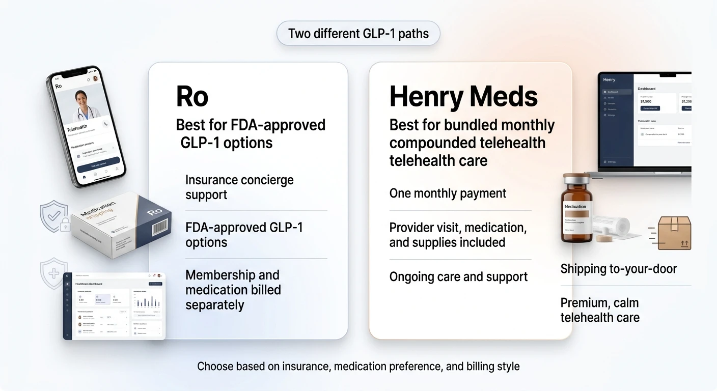 Ro vs Henry Meds: two different GLP-1 paths — Ro for FDA-approved medications and insurance support, Henry Meds for bundled monthly compounded telehealth care