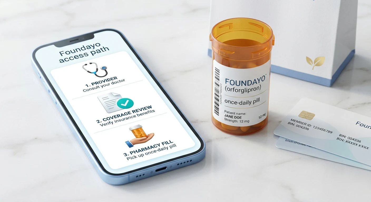 Foundayo insurance access path showing three steps: provider consultation to get prescribed, coverage review to verify insurance benefits, and pharmacy fill to pick up the once-daily pill — with a Foundayo (orforglipron) 12mg bottle and insurance cards