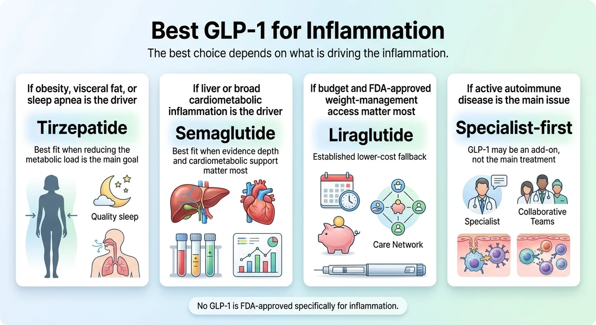 Best GLP-1 for Inflammation: tirzepatide for obesity and sleep apnea, semaglutide for liver and cardiovascular, liraglutide for budget, specialist-first for active autoimmune disease
