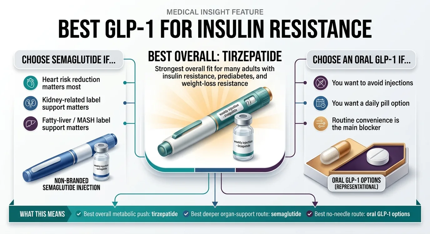 Medical insight feature: Best GLP-1 for insulin resistance. Best overall: tirzepatide — strongest overall metabolic push for many adults with insulin resistance, prediabetes, and weight-loss resistance. Choose semaglutide if heart risk reduction, kidney-related label support, or fatty-liver/MASH label support matters most. Choose an oral GLP-1 if you want to avoid injections, want a daily pill option, or routine convenience is the main blocker. Summary: best overall metabolic push: tirzepatide; best deeper organ-support route: semaglutide; best no-needle route: oral GLP-1 options.