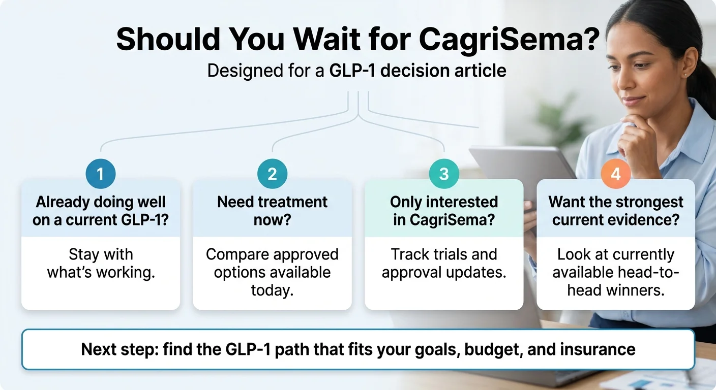Should You Wait for CagriSema? Decision guide with four paths: 1) Already doing well on a current GLP-1 \u2014 stay with what\u2019s working; 2) Need treatment now \u2014 compare approved options available today; 3) Only interested in CagriSema \u2014 track trials and approval updates; 4) Want the strongest current evidence \u2014 look at currently available head-to-head winners. Bottom banner: Next step \u2014 find the GLP-1 path that fits your goals, budget, and insurance.