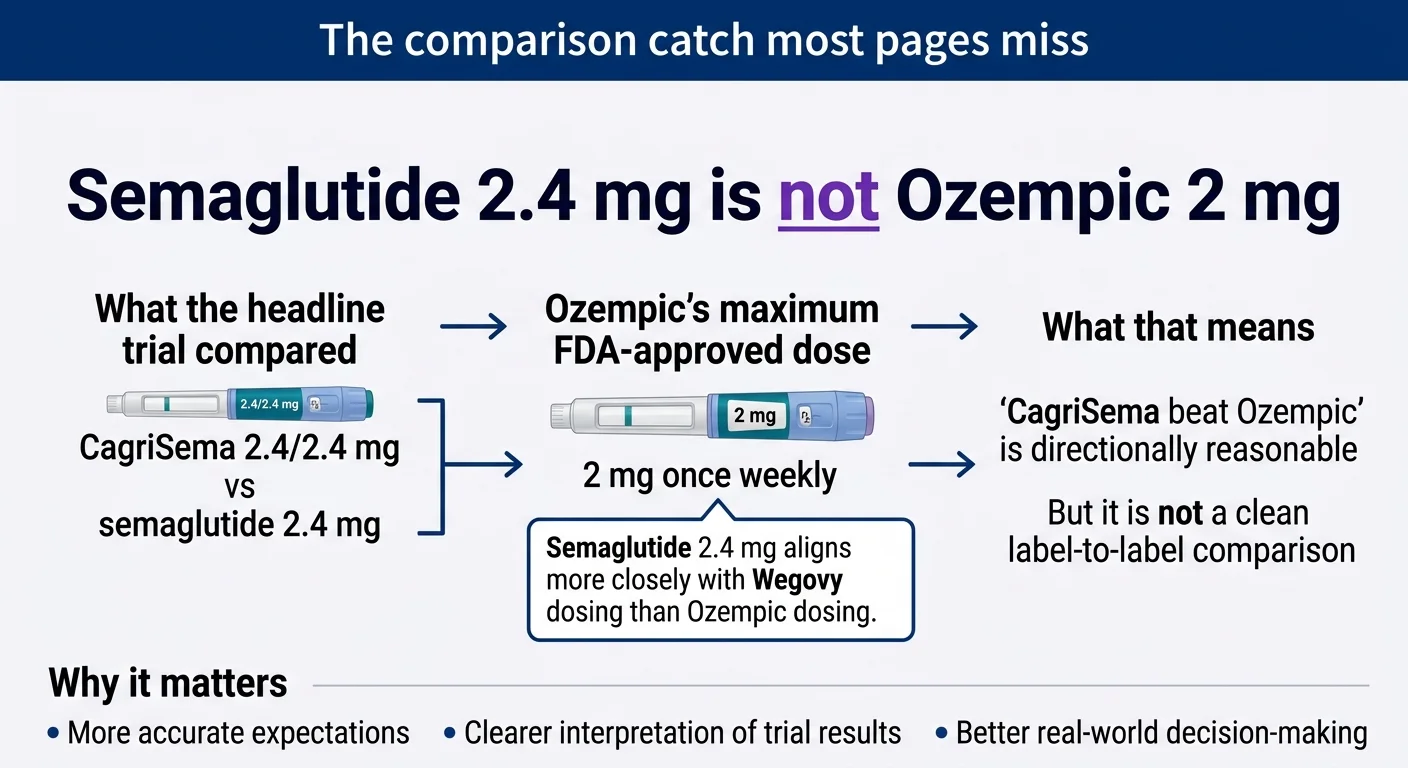 The comparison catch most pages miss: semaglutide 2.4 mg is not Ozempic 2 mg. The REIMAGINE 2 trial compared CagriSema 2.4/2.4 mg vs semaglutide 2.4 mg — Ozempic's maximum FDA-approved dose is 2 mg. So 'CagriSema beat Ozempic' is directionally reasonable but not a clean label-to-label comparison.