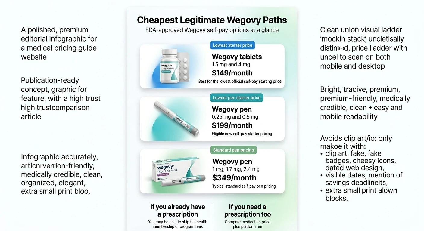 Cheapest Legitimate Wegovy Paths — FDA-approved Wegovy self-pay options at a glance. Wegovy tablets cost $149 per 30-tablet fill at 1.5 mg and $199 standard at 4 mg, with a limited fulfillment exception explained in the text. Starter pens may be $199 for two fills for eligible new patients; standard pen pricing is $349. Compare medication price plus platform fee.
