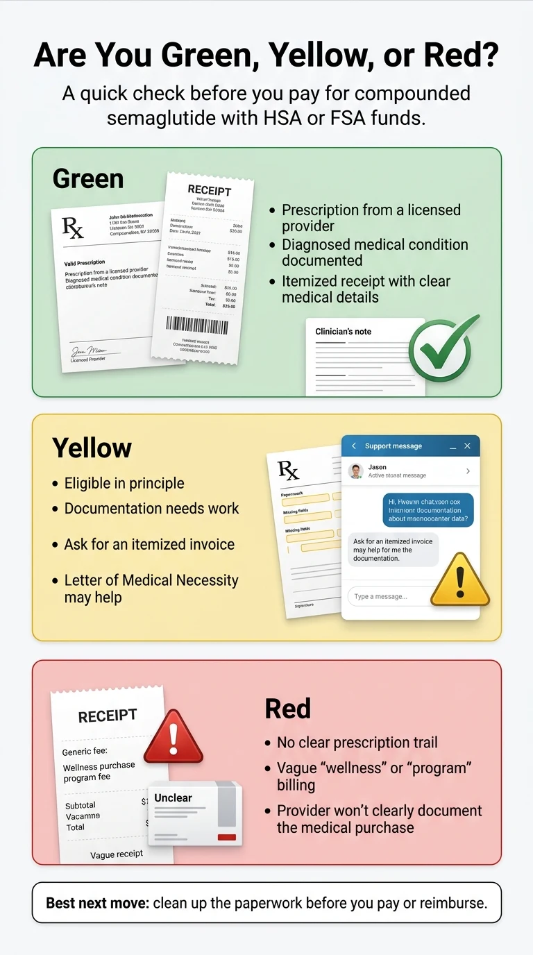 Compounded semaglutide FSA eligibility — green check, yellow warning, and red X showing the three possible outcomes for FSA reimbursement claims