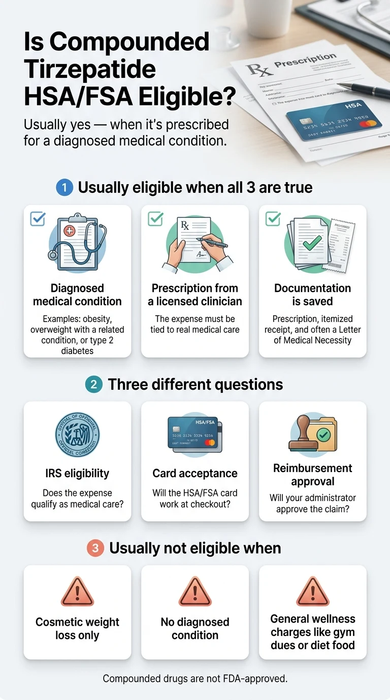 Is compounded tirzepatide HSA/FSA eligible? Usually yes when all three are true: diagnosed medical condition, prescription from a licensed clinician, documentation is saved. Three different questions: IRS eligibility, card acceptance, reimbursement approval. Usually not eligible when: cosmetic weight loss only, no diagnosed condition, general wellness charges.