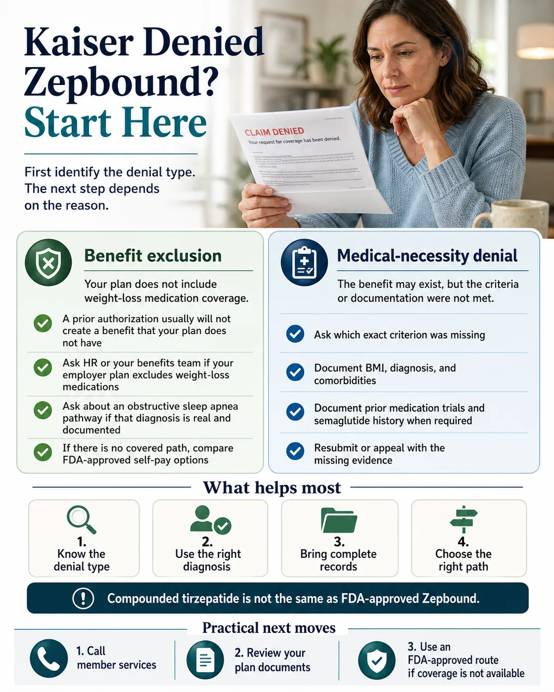 Kaiser denied Zepbound? Start here \u2014 identify the denial type first: benefit exclusion vs. medical-necessity denial, practical next moves, and what helps most: know the denial type, use the right diagnosis, bring complete records, choose the right path