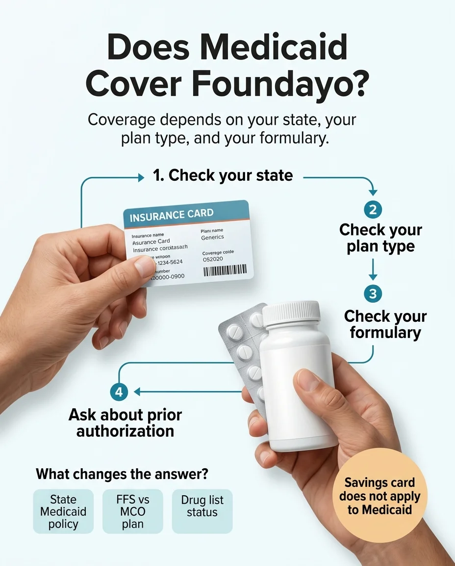 Does Medicaid Cover Foundayo? Coverage depends on your state, your plan type, and your formulary — 4-step process: check state, check plan type, check formulary, ask about prior authorization