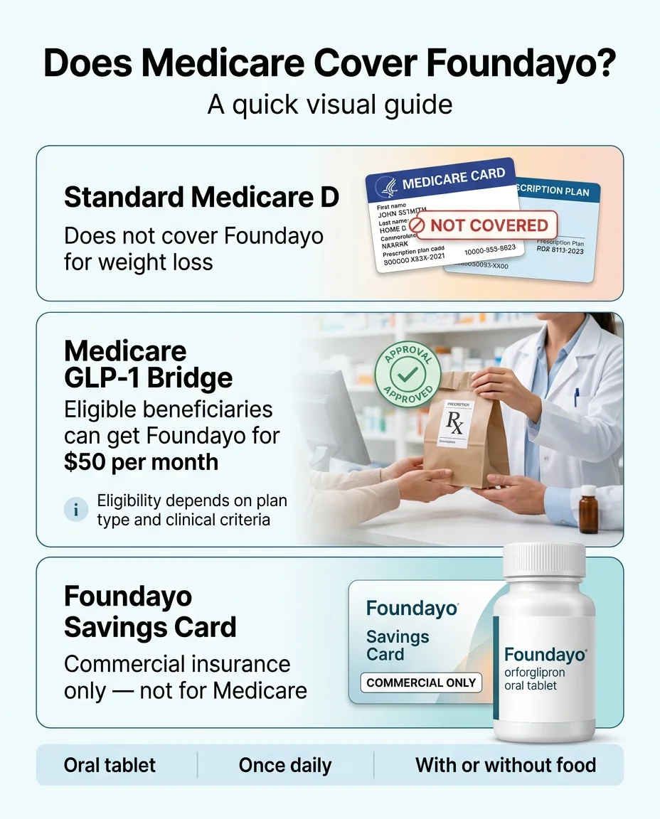 Does Medicare Cover Foundayo? Visual guide showing Standard Medicare Part D (not covered), Medicare GLP-1 Bridge ($50/month as of July 1, 2026), and Foundayo Savings Card (commercial insurance only)