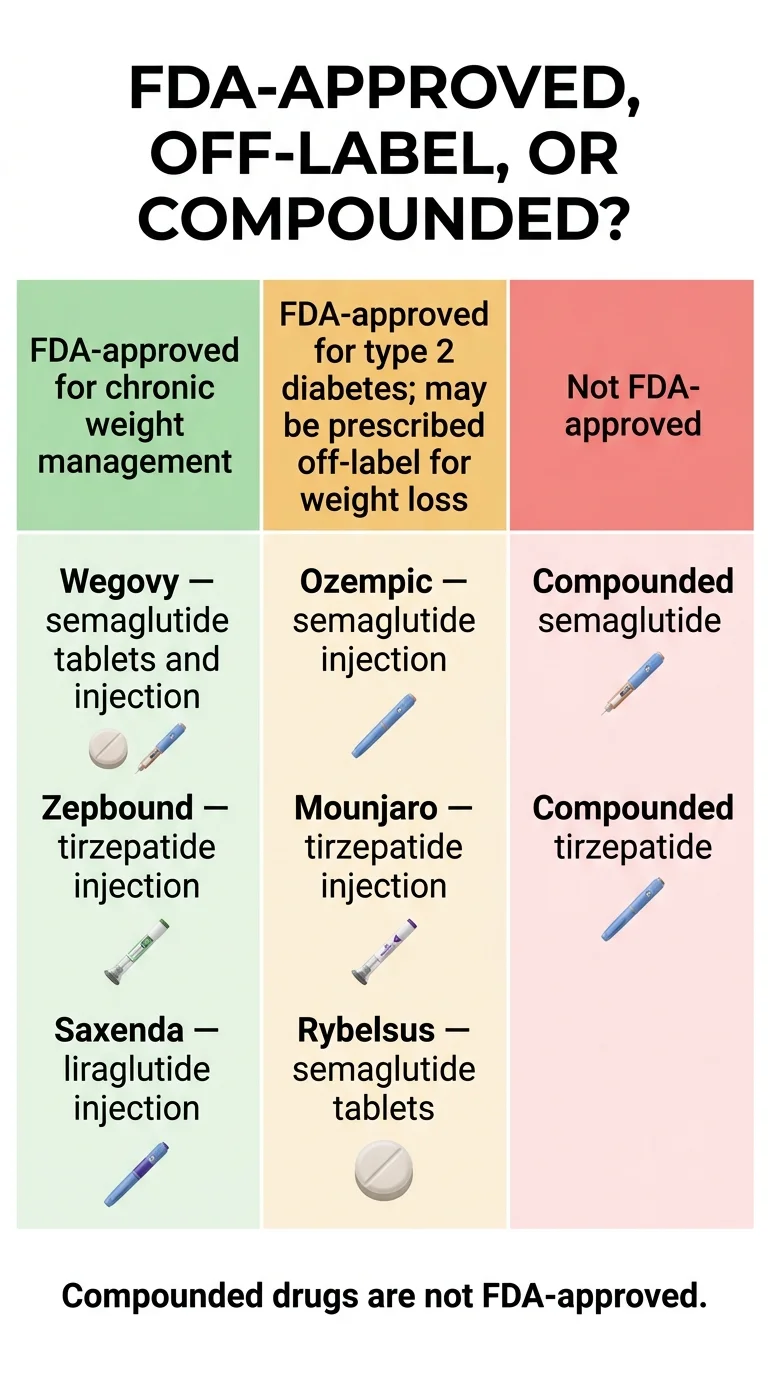 FDA-approved vs off-label vs compounded GLP-1 comparison: what each category means for safety, coverage, and legal status