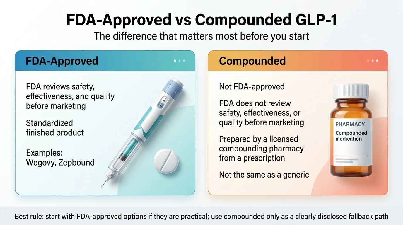 FDA-Approved vs Compounded GLP-1 comparison — FDA-Approved: FDA reviews safety, effectiveness, and quality before marketing; standardized finished product; examples include Wegovy and Zepbound. Compounded: Not FDA-approved; FDA does not review safety, effectiveness, or quality before marketing; prepared by a licensed compounding pharmacy from a prescription; not the same as a generic. Best rule: start with FDA-approved options if they are practical; use compounded only as a clearly disclosed fallback path.
