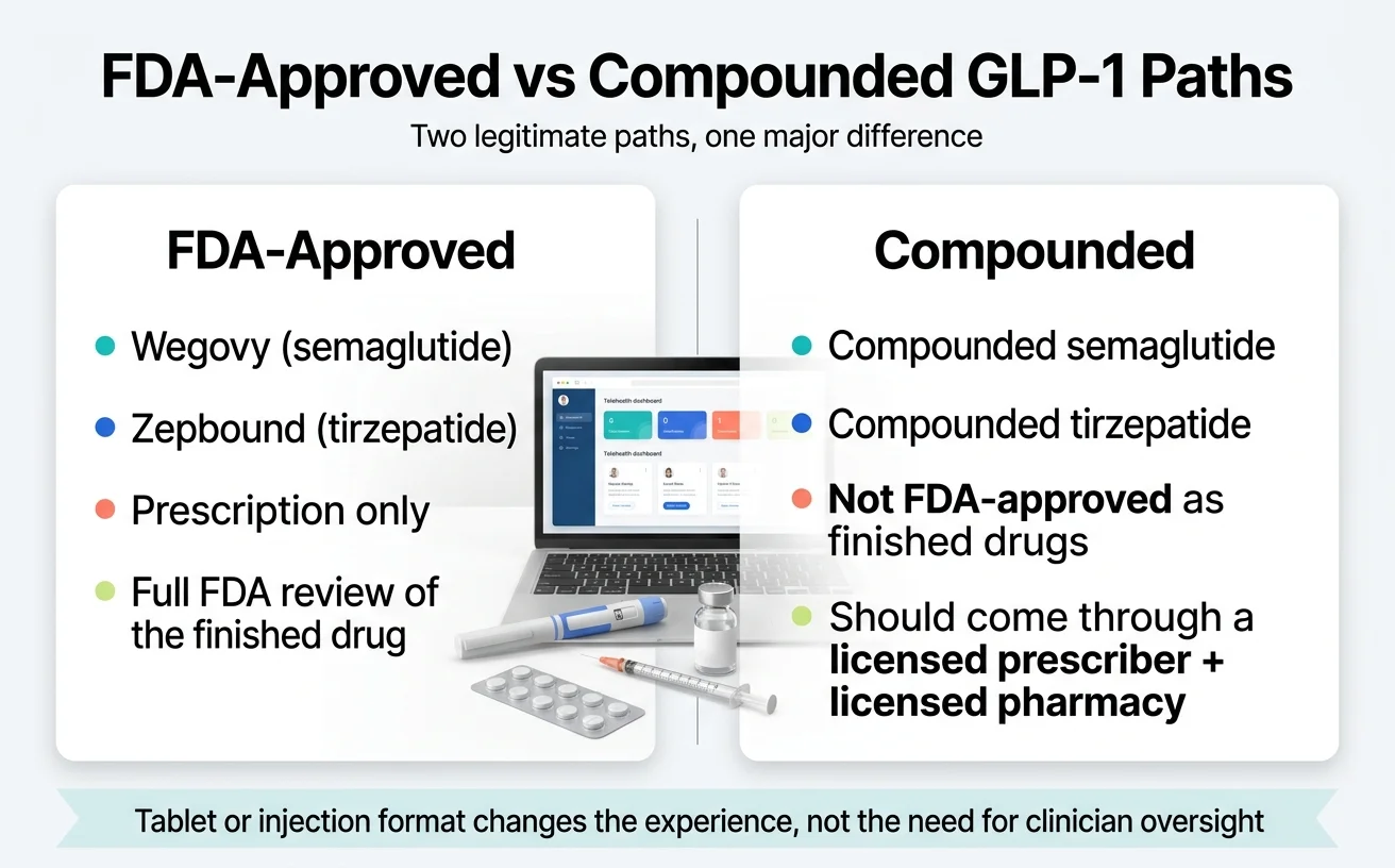 Infographic comparing FDA-approved GLP-1 medications like Wegovy and Zepbound against compounded semaglutide and tirzepatide
