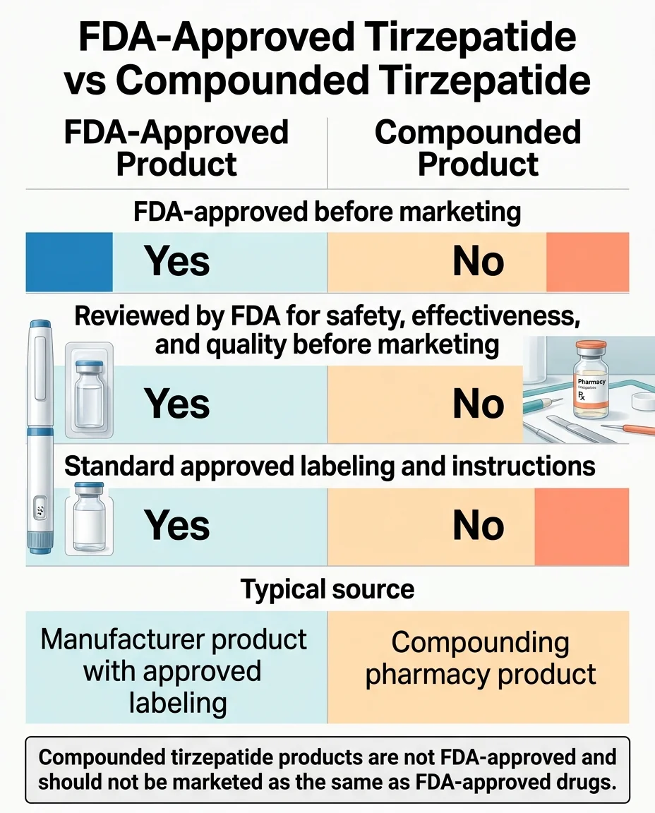 FDA-approved tirzepatide (Mounjaro) vs compounded tirzepatide comparison -- safety, legal status, and potency testing