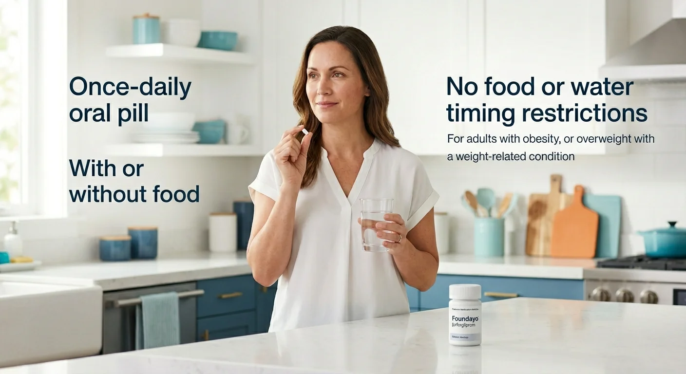Woman in kitchen taking Foundayo (orforglipron) tablet — once-daily oral GLP-1 pill by Eli Lilly. Once-daily oral pill, with or without food, no food or water timing restrictions. For adults with obesity or overweight with a weight-related condition.