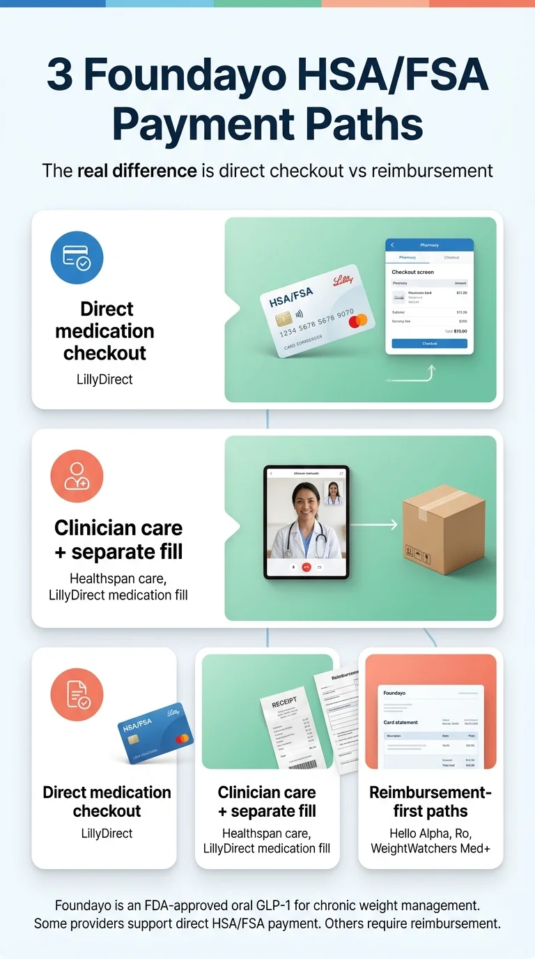 3 Foundayo HSA/FSA payment paths: direct medication checkout via LillyDirect, clinician care plus separate LillyDirect fill via Healthspan, and reimbursement-first paths via Hello Alpha, Ro, and WeightWatchers Med+