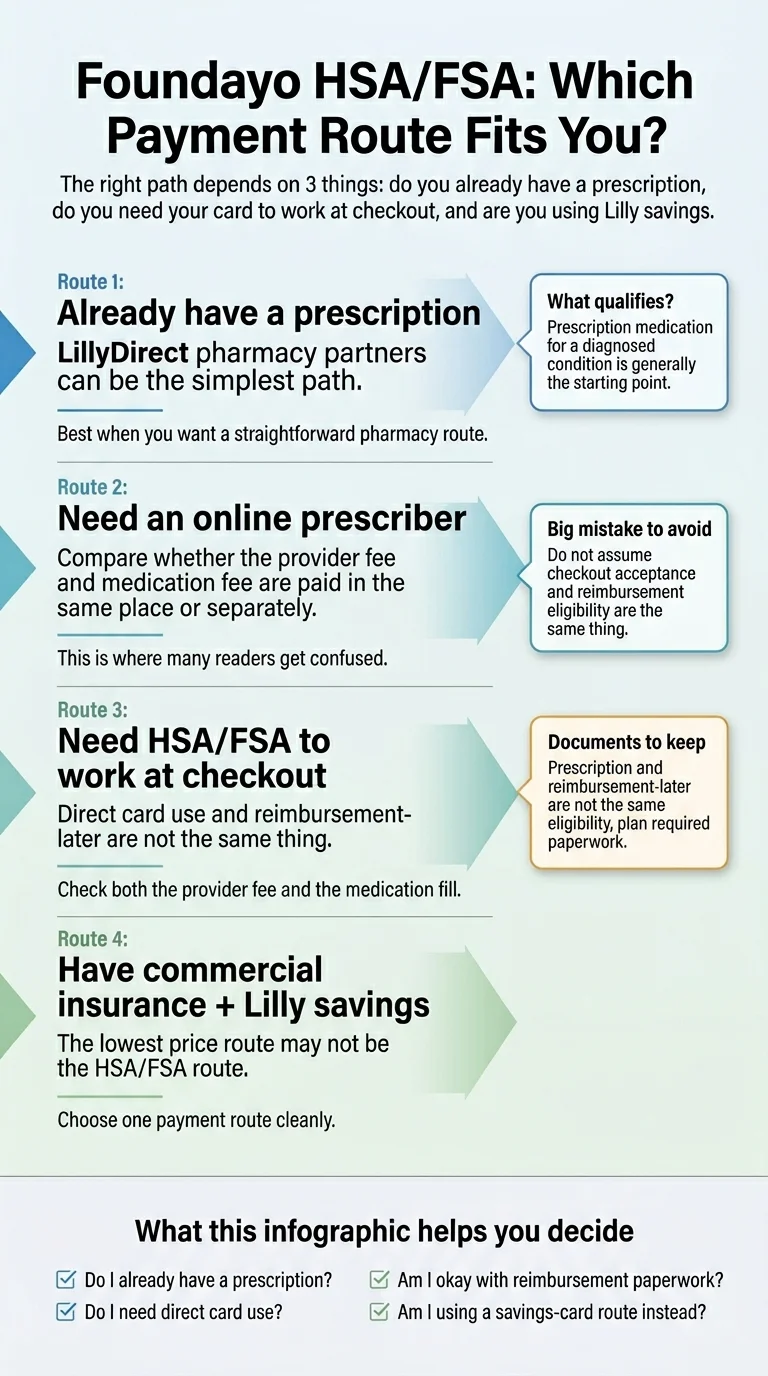 Foundayo HSA/FSA: Which Payment Route Fits You? Decision infographic showing 4 routes — already have Rx, need prescriber, need direct checkout, have commercial insurance