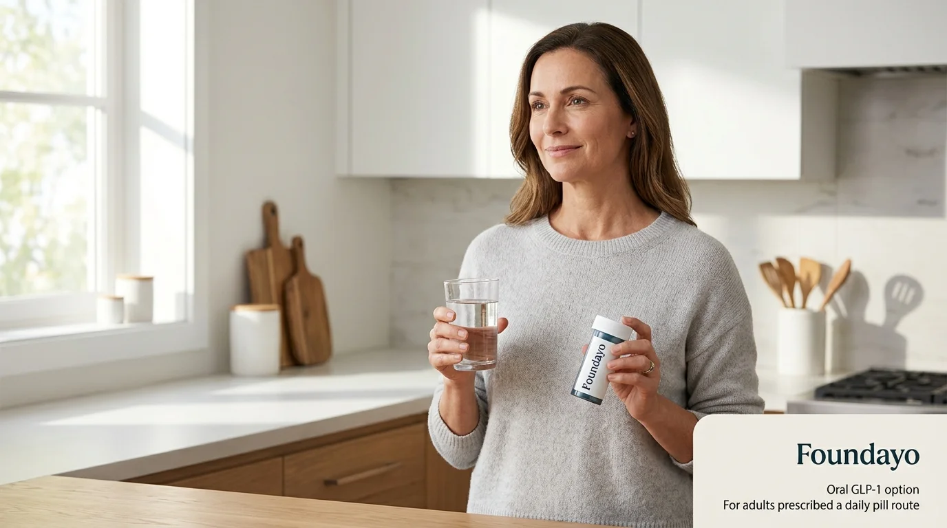 Woman holding Foundayo orforglipron pill bottle — oral GLP-1 option for adults on a daily pill route