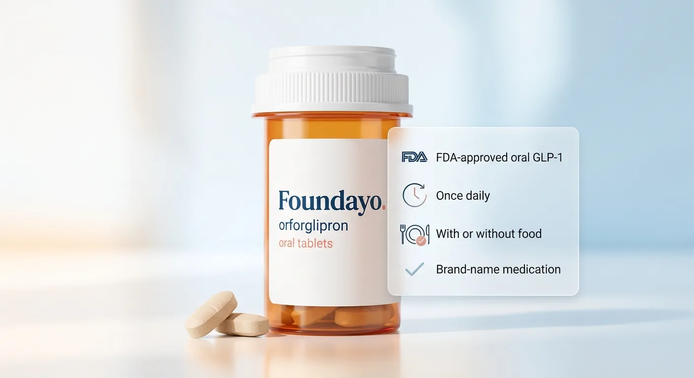 Foundayo (orforglipron) oral tablets bottle — FDA-approved once-daily GLP-1 pill, taken any time with or without food, no needle required