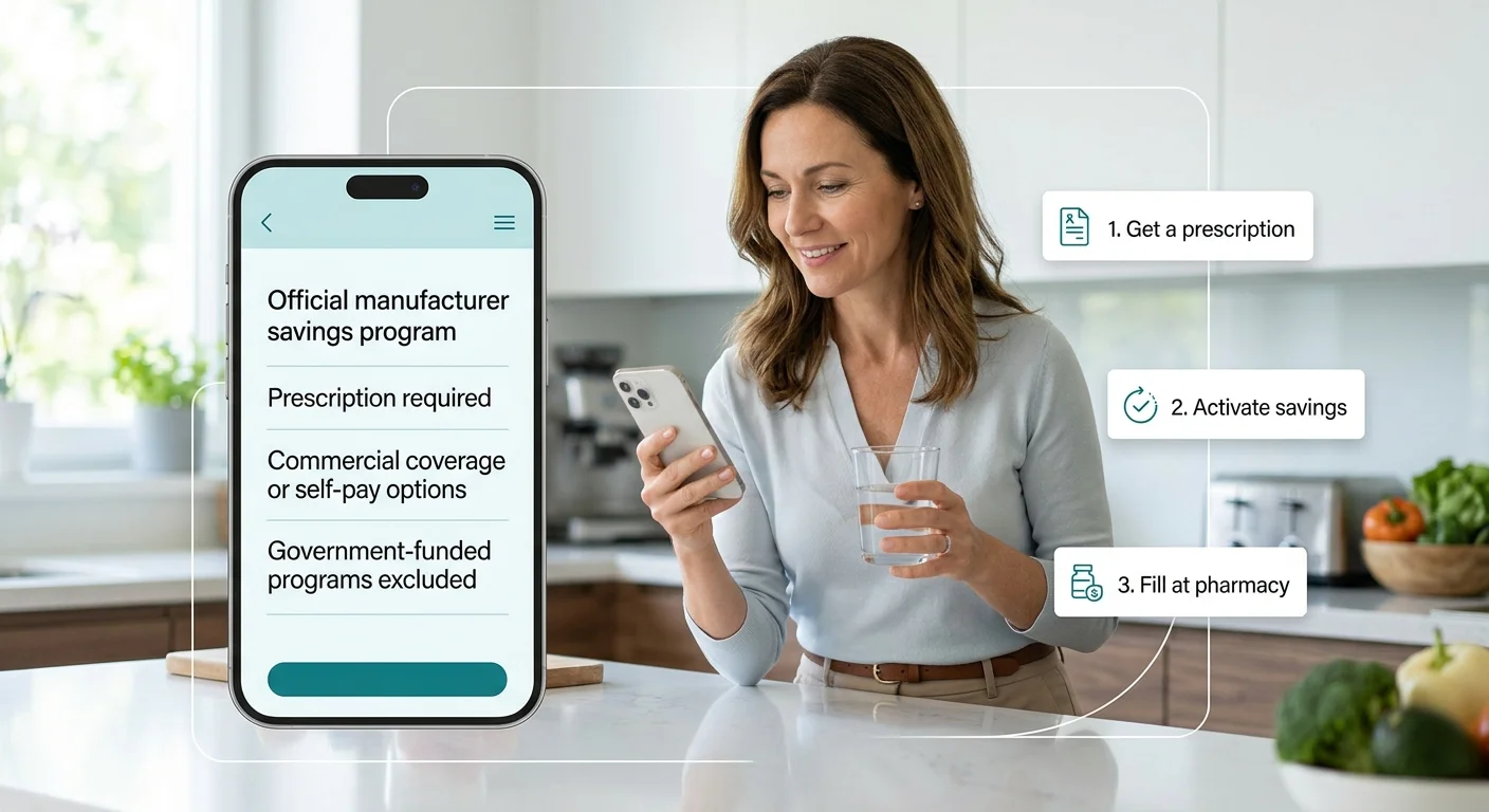 Woman activating Foundayo Savings Card on phone with 3-step process: get prescription, activate savings, fill at pharmacy