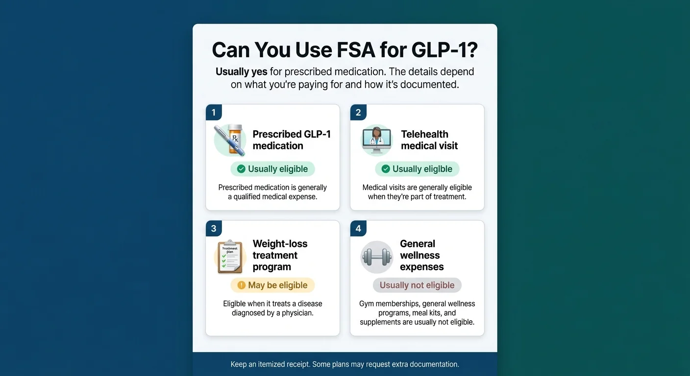 FSA eligibility overview for GLP-1: prescribed GLP-1 medications and telehealth visits are usually eligible; weight-loss treatment programs may be eligible; general wellness expenses like gym memberships are usually not eligible