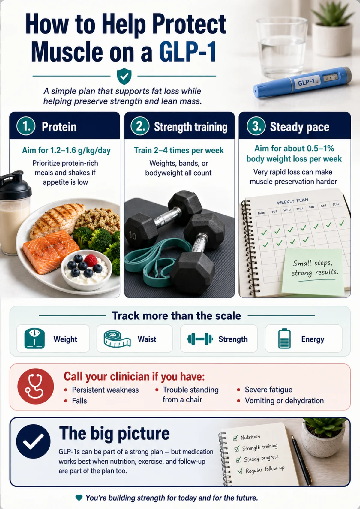 The 3-lever GLP-1 muscle preservation plan: protein 1.2 to 1.6 g per kg, resistance training 2 to 4 times per week, and a steady 0.5 to 1 percent weekly weight loss rate