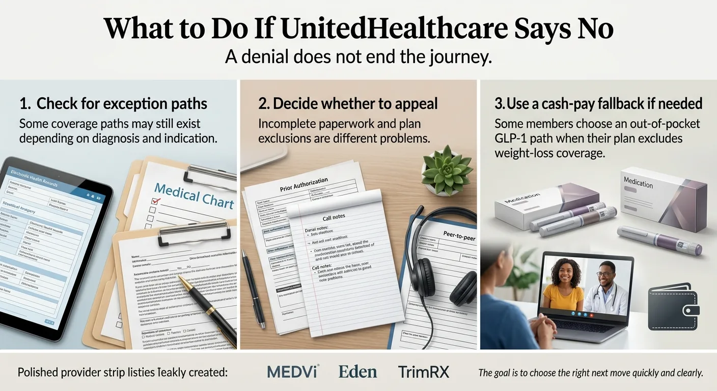 What to Do If UnitedHealthcare Says No — a denial does not end the journey. Three steps: (1) Check for exception paths — some coverage paths may still exist depending on diagnosis and indication. (2) Decide whether to appeal — incomplete paperwork and plan exclusions are different problems. If prior authorization was denied, ask your provider about stronger documentation, peer-to-peer review, or appeal. (3) Use a cash-pay fallback if needed — some members choose an out-of-pocket GLP-1 path when their plan excludes weight-loss coverage. MEDVi, Embody, TrimRX. The goal is to choose the right next move quickly and clearly.