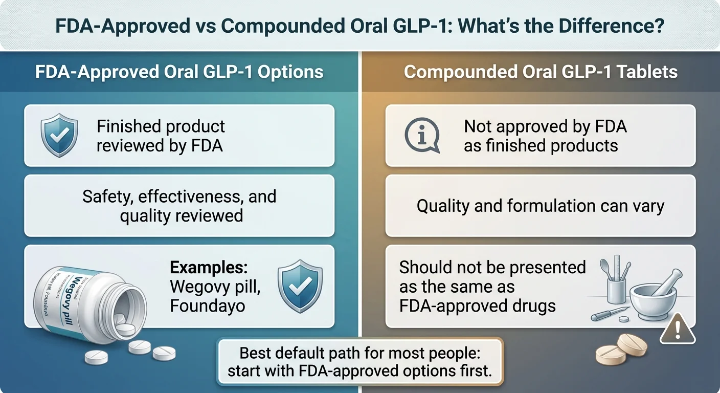 FDA-Approved vs Compounded Oral GLP-1 comparison: FDA-approved options (Wegovy pill, Foundayo) have finished product reviewed by FDA for safety, effectiveness, and quality; compounded oral tablets are not FDA-approved as finished products and quality can vary
