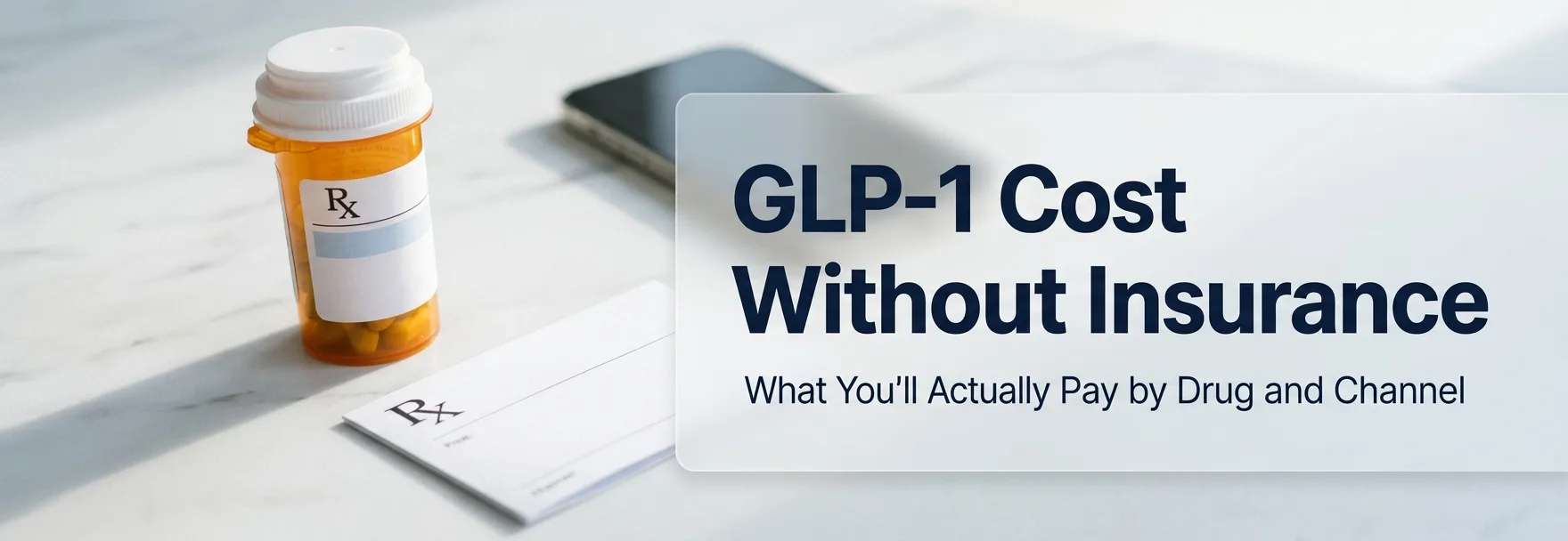 GLP-1 Cost Without Insurance: What You'll Actually Pay by Drug and Channel — prescription bottle and notepad on marble surface next to smartphone