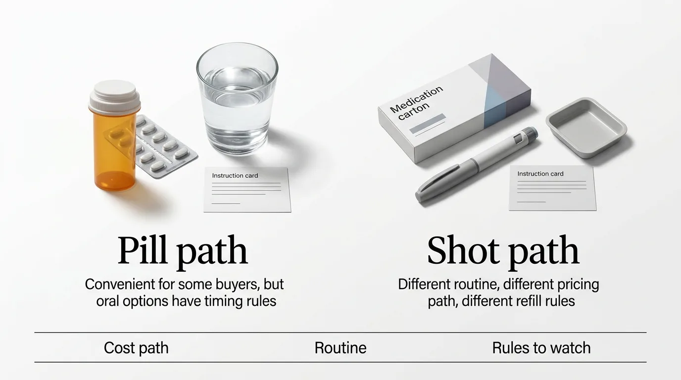 Pill path vs Shot path for GLP-1 medication without insurance: Pill path is convenient for some buyers but oral options have timing rules (Wegovy pill requires empty stomach; Foundayo has no restrictions). Shot path has a different routine, different pricing path, and different refill rules. Compare cost path, routine, and rules to watch before choosing.