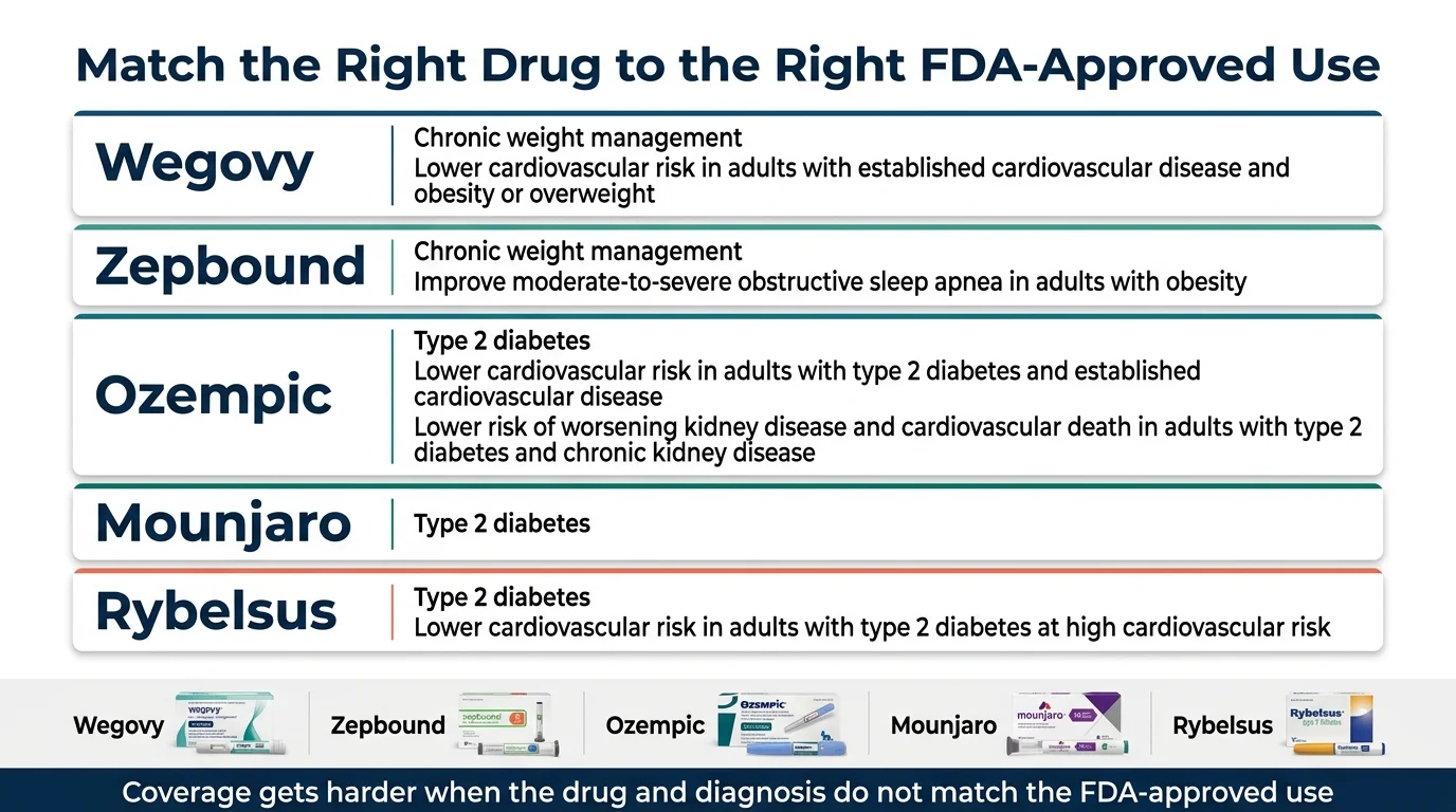 GLP-1 FDA-approved drug indication match table 2026: Ozempic, Wegovy, Mounjaro, Zepbound, Foundayo, and more