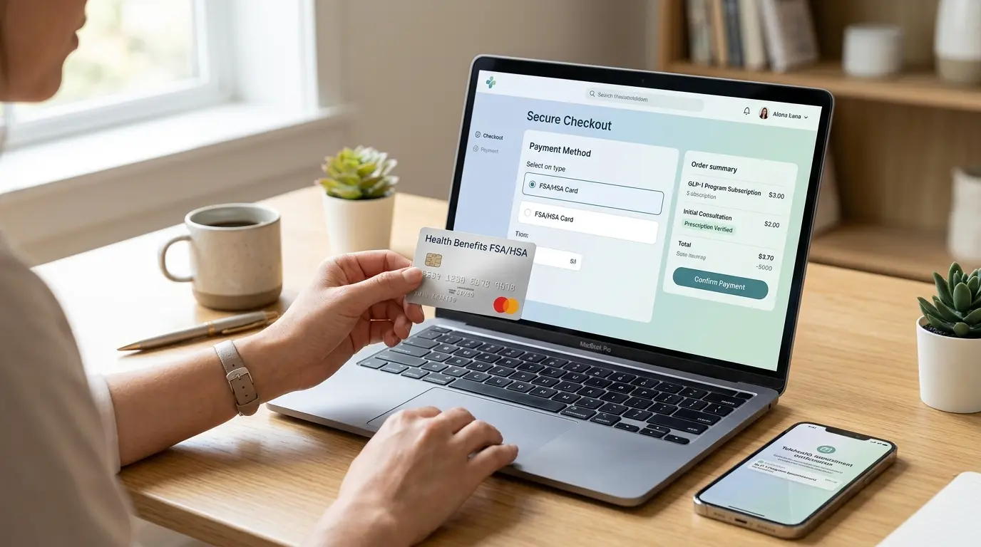 A laptop displaying a GLP-1 checkout page with HSA/FSA payment information