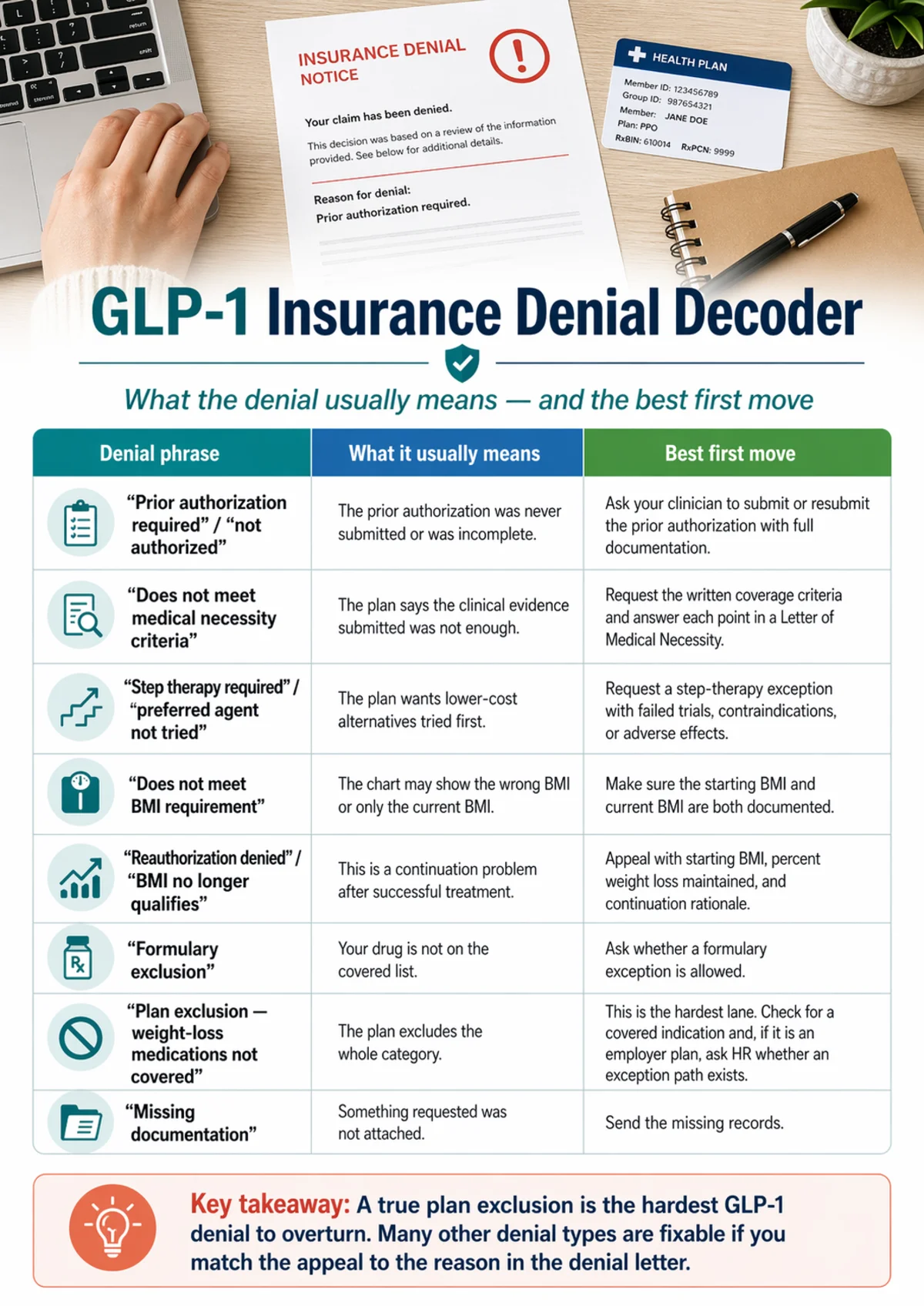 GLP-1 Insurance Denial Decoder infographic. Eight denial letter phrases with what each means and the best first move. Prior authorization required or not authorized means PA was never submitted -- ask clinician to resubmit with full documentation. Does not meet medical necessity criteria means clinical evidence was insufficient -- request written coverage criteria and write a point-by-point Letter of Medical Necessity. Step therapy required means plan wants lower-cost alternatives documented first -- file a step-therapy exception citing failures. Does not meet BMI requirement means chart shows wrong BMI -- confirm starting BMI is documented alongside current BMI. Reauthorization denied or BMI no longer qualifies means continuation problem after treatment success -- appeal with starting BMI and maintained weight loss using chronic-disease framing. Formulary exclusion means drug is not on the covered list -- ask whether a formulary exception is allowed. Plan exclusion for weight-loss medications means the whole category is excluded -- hardest lane, check for a covered indication and ask HR about an exception path. Missing documentation means something was not attached -- send what is missing. Key takeaway: A true plan exclusion is the hardest GLP-1 denial to overturn. Many other denial types are fixable if you match the appeal to the reason in the denial letter.