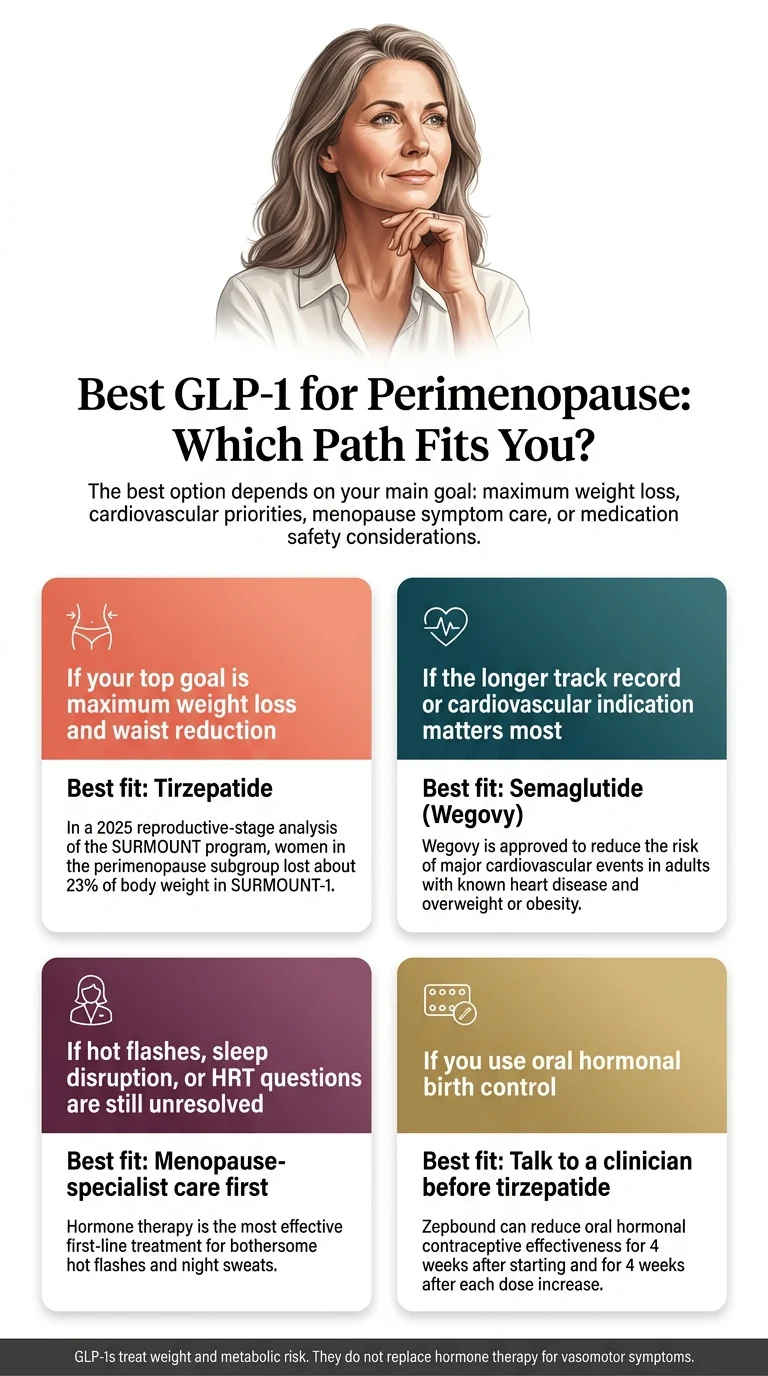 Best GLP-1 for perimenopause: which path fits you — tirzepatide for maximum weight loss, semaglutide for cardiovascular priority, menopause-specialist care for HRT coordination, or clinician consultation for women on oral birth control