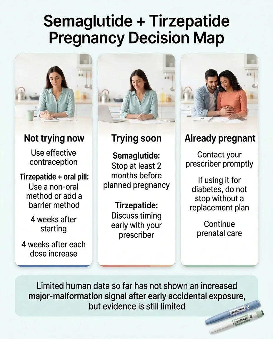 GLP-1 pregnancy decision map: Section 8 action language by product for Wegovy, Zepbound, Saxenda, and Mounjaro