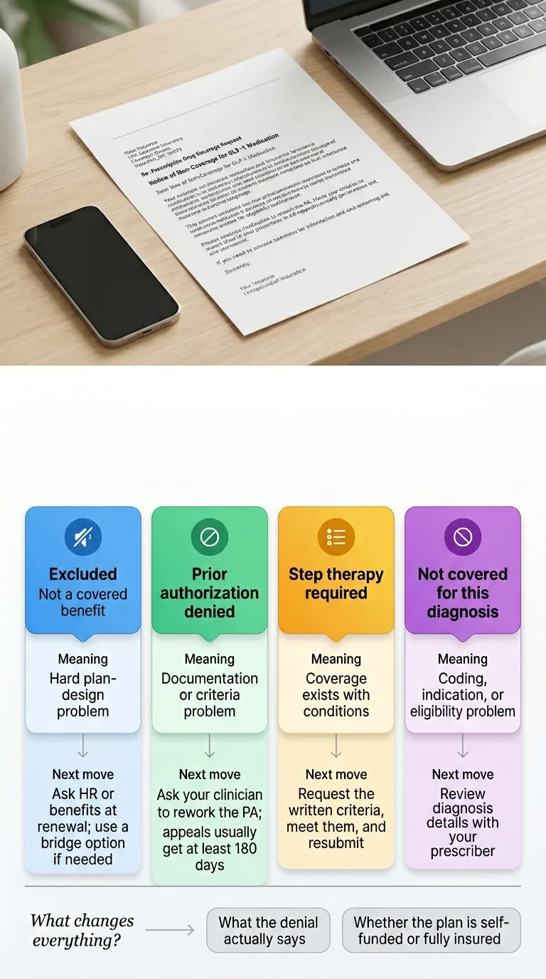GLP-1 employer denial triage infographic: 4 types explained — Excluded (hard plan design, ask HR for next renewal), Prior authorization denied (documentation problem, clinician appeal), Step therapy required (coverage exists with conditions, request written criteria), Not covered for this diagnosis (coding or eligibility problem, review diagnosis with prescriber).