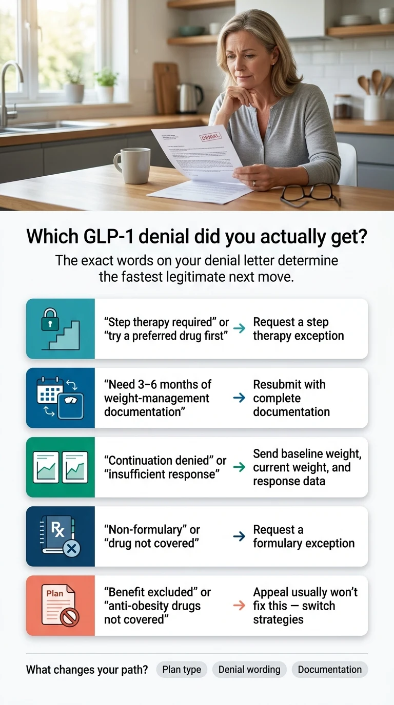 Which GLP-1 denial did you actually get? Infographic showing 5 types of denial wording and the fastest legitimate next move for each: Step therapy required = request a step therapy exception; Need 3-6 months of weight-management documentation = resubmit with complete documentation; Continuation denied or insufficient response = send baseline weight, current weight, and response data; Non-formulary or drug not covered = request a formulary exception; Benefit excluded or anti-obesity drugs not covered = appeal usually won't fix this, switch strategies.