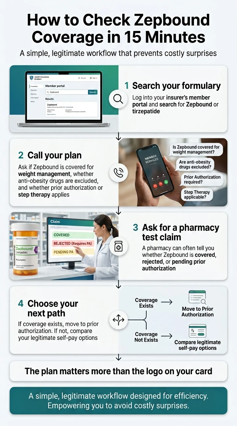 Step-by-step checklist for checking whether your insurance covers Zepbound — designed for patients with prediabetes or overweight asking about prior authorization