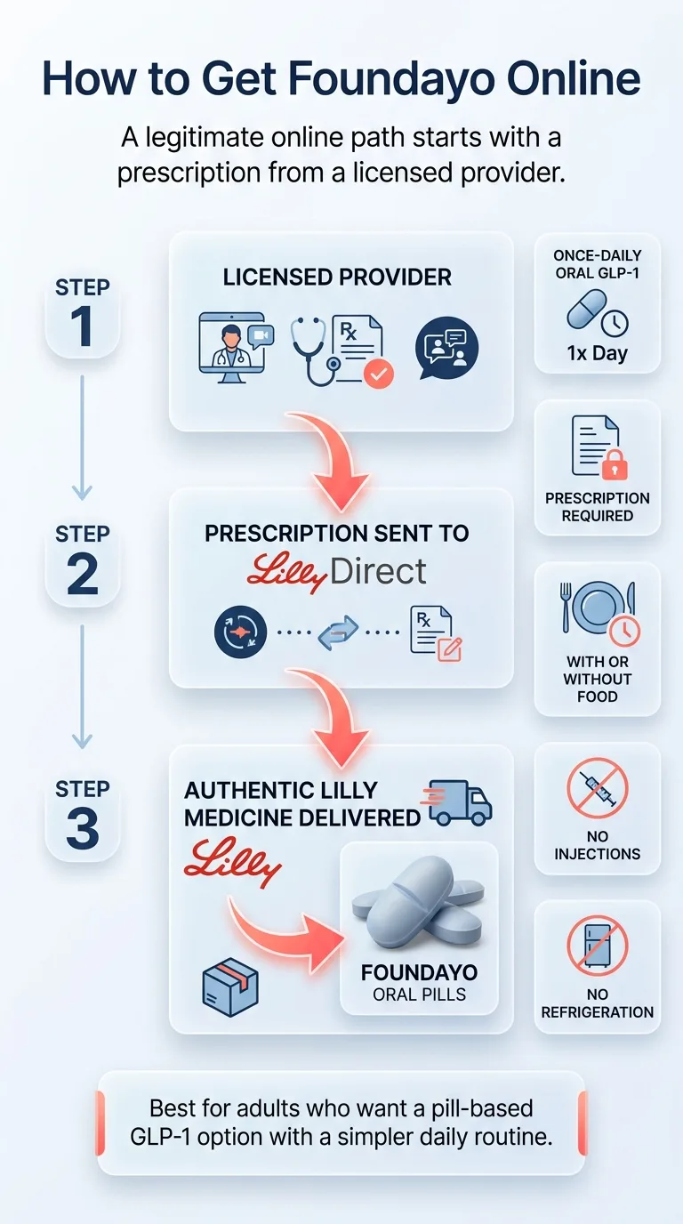 How to Get Foundayo Online — 3-step infographic: Step 1 licensed provider, Step 2 prescription sent to LillyDirect, Step 3 authentic Lilly medicine delivered. Features: once-daily oral GLP-1, prescription required, with or without food, no injections, no refrigeration. Best for adults who want a pill-based GLP-1 option with a simpler daily routine.