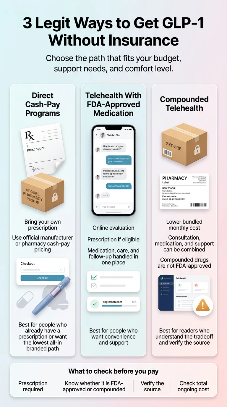 3 legit ways to get GLP-1 without insurance: Direct Cash-Pay Programs (bring your own prescription, use official manufacturer or pharmacy cash-pay pricing, best for people who already have a prescription or want the lowest all-in branded path); Telehealth With FDA-Approved Medication (online evaluation, prescription if eligible, medication care and follow-up handled in one place, best for people who want convenience and support); Compounded Telehealth (lower bundled monthly cost, consultation medication and support combined, compounded drugs are not FDA-approved, best for readers who understand the tradeoff and verify the source)