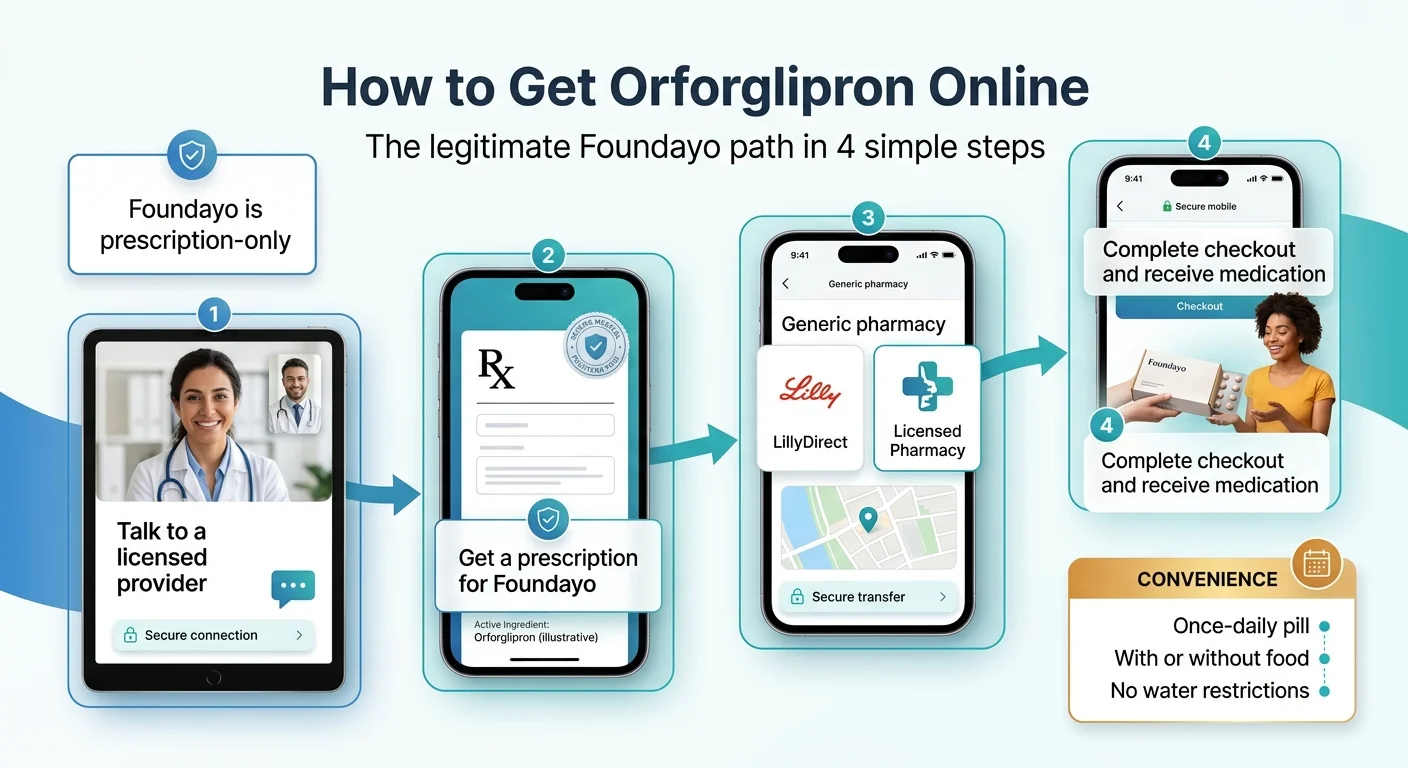 How to Get Orforglipron Online — the legitimate Foundayo path in 4 steps: Step 1, talk to a licensed provider via secure telehealth video or in-person; Step 2, get a prescription for Foundayo (orforglipron) sent electronically; Step 3, prescription routes to LillyDirect or a licensed pharmacy with secure transfer; Step 4, complete checkout and receive medication by home delivery. Sidebar shows convenience features: once-daily pill, with or without food, no water restrictions.