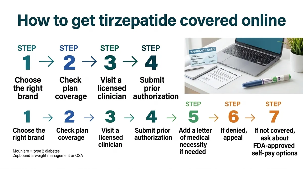 7-step process to get tirzepatide covered by insurance online: choose the right brand (Mounjaro or Zepbound), check plan coverage, visit a licensed clinician, submit prior authorization, add letter of medical necessity if needed, appeal if denied, and use FDA-approved cash-pay options if not covered