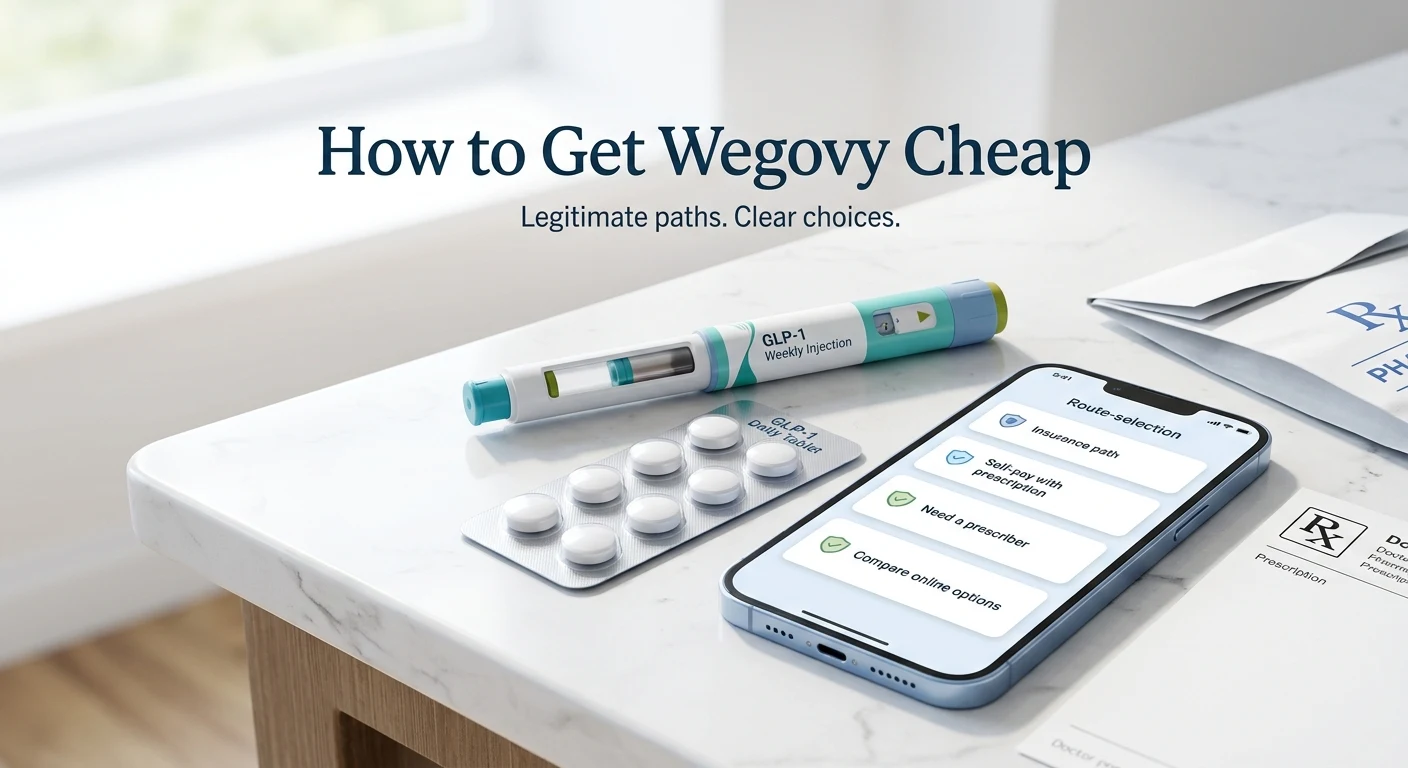 How to Get Wegovy Cheap — Wegovy weekly injection pen, daily tablet blister pack, and phone showing route-selection tool including insurance path, self-pay with prescription, need a prescriber, and compare online options