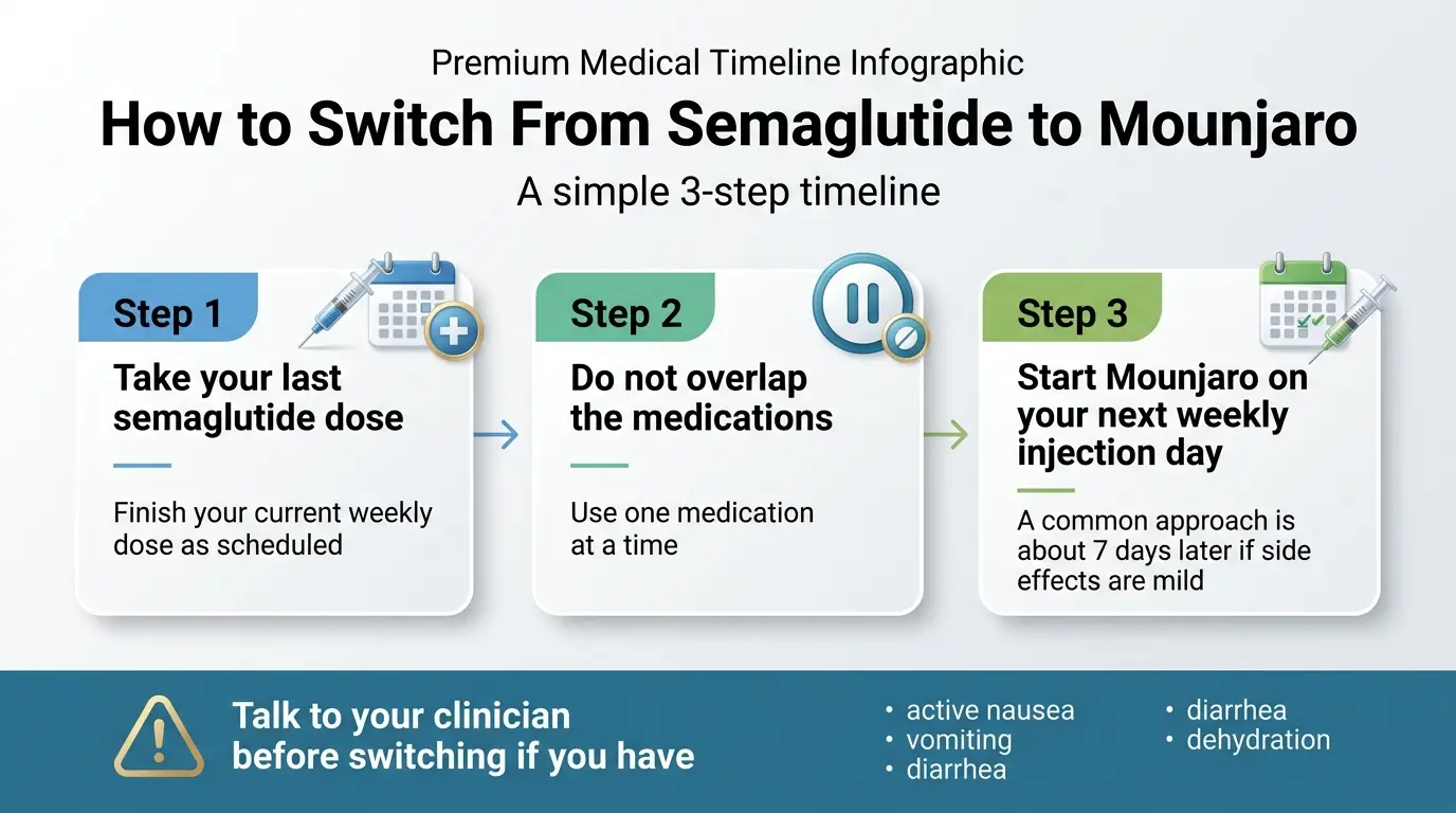 How to switch from semaglutide to Mounjaro — 3-step timeline: take last dose, no overlap, start Mounjaro on next injection day
