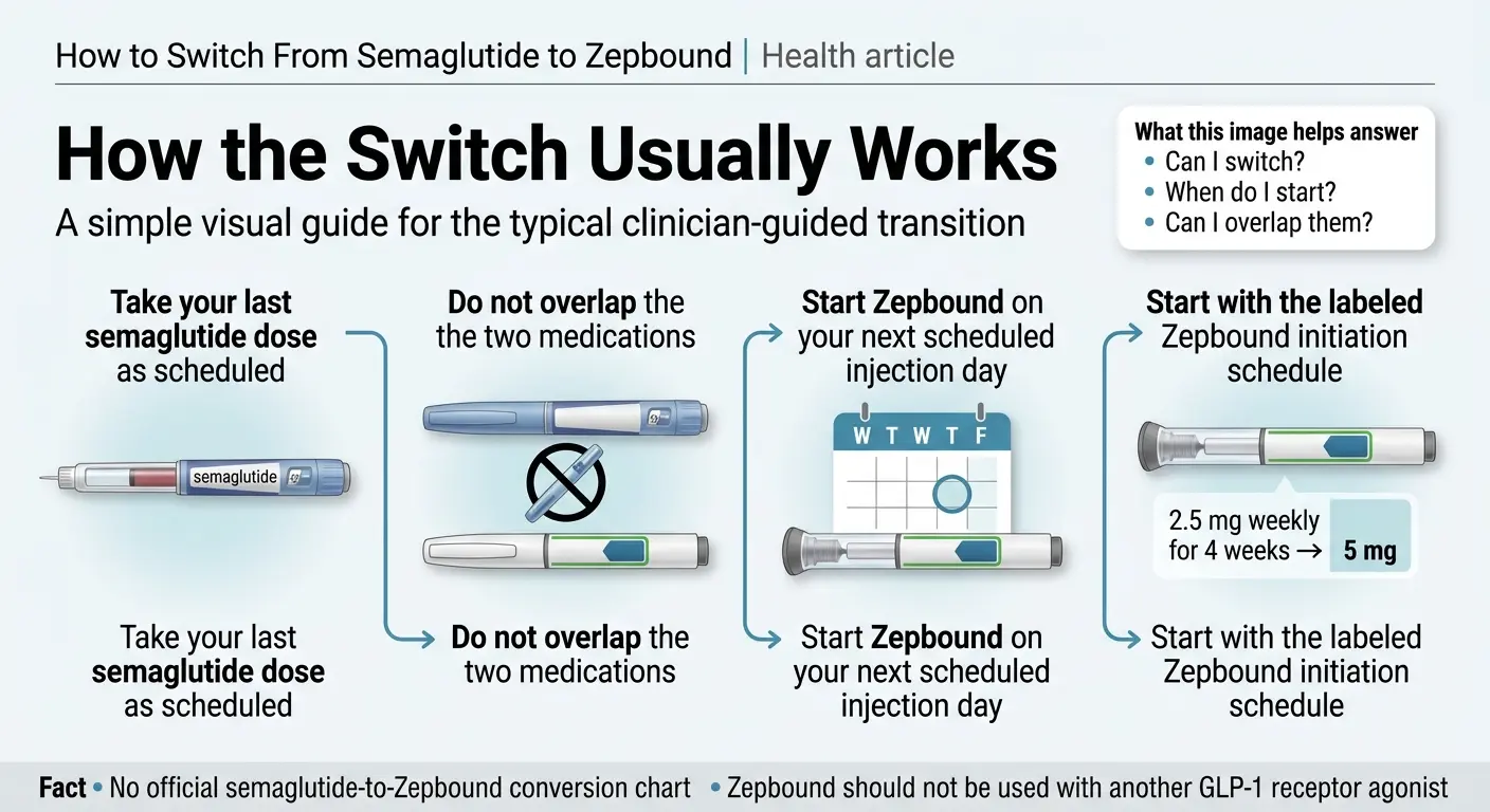 How to switch from semaglutide to Zepbound — timing steps visual guide showing last dose, no overlap, next injection day, and labeled starting schedule