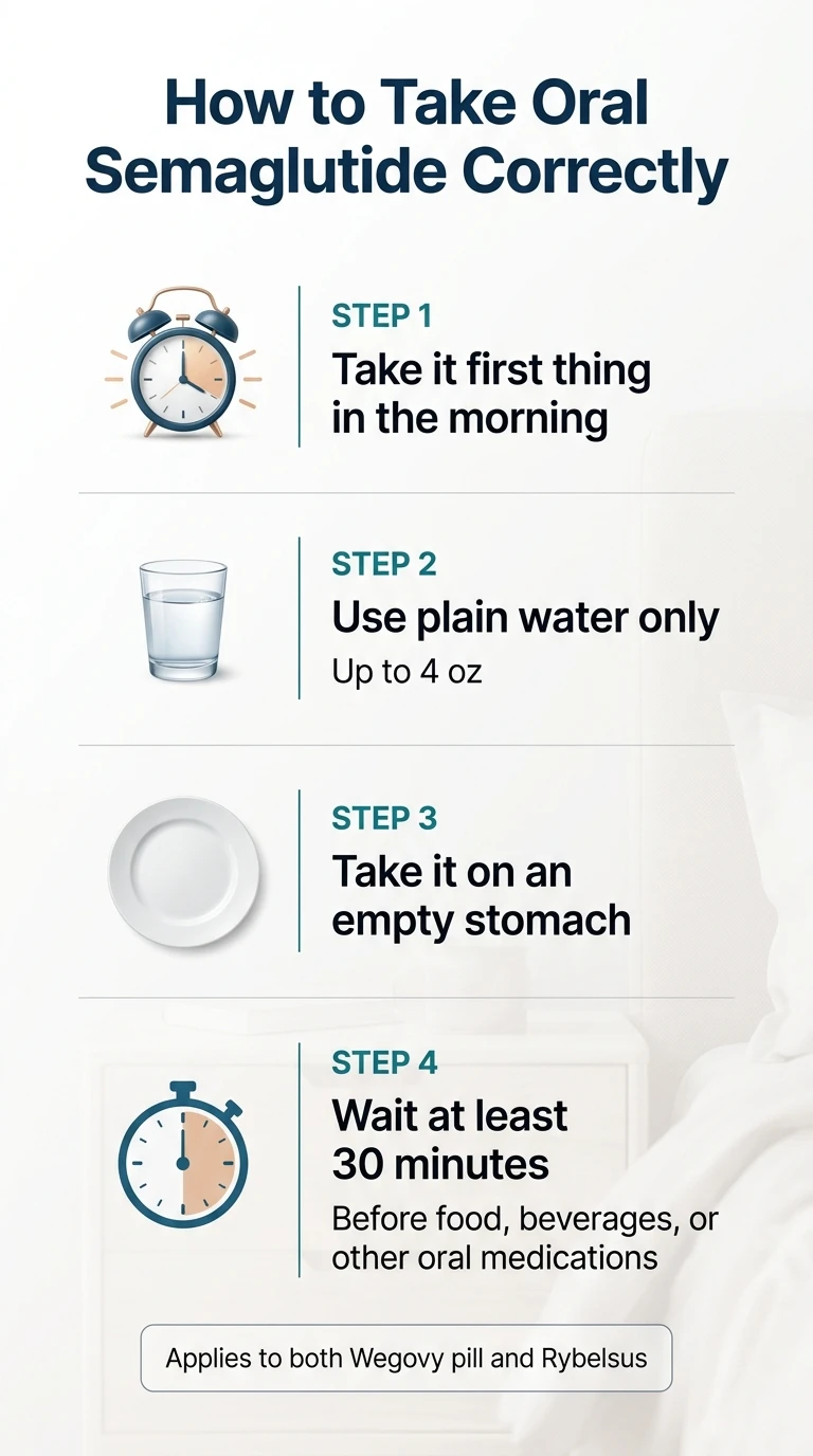 How to take oral semaglutide correctly: empty stomach, 4 oz plain water, 30 minutes before food or other meds